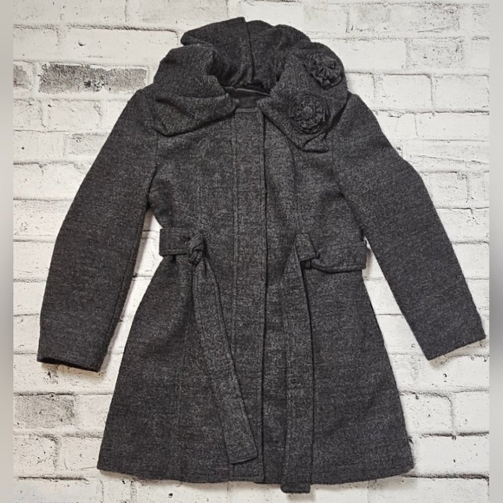 Laura Petite Grey Wool Blend Pea Coat With Floral Accents On the Collar. - Picture 3 of 7